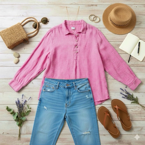 Sigrid Olsen Tunic 2X Plus Pink Linen Roll Tab Sleeve Button Popover Shirt Top - Picture 1 of 9